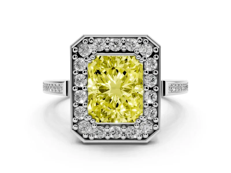Fancy Yellow Radiant Cut Diamond Halo Ring Set in Platinum with Accent-Lined Split Shank and Prong Setting