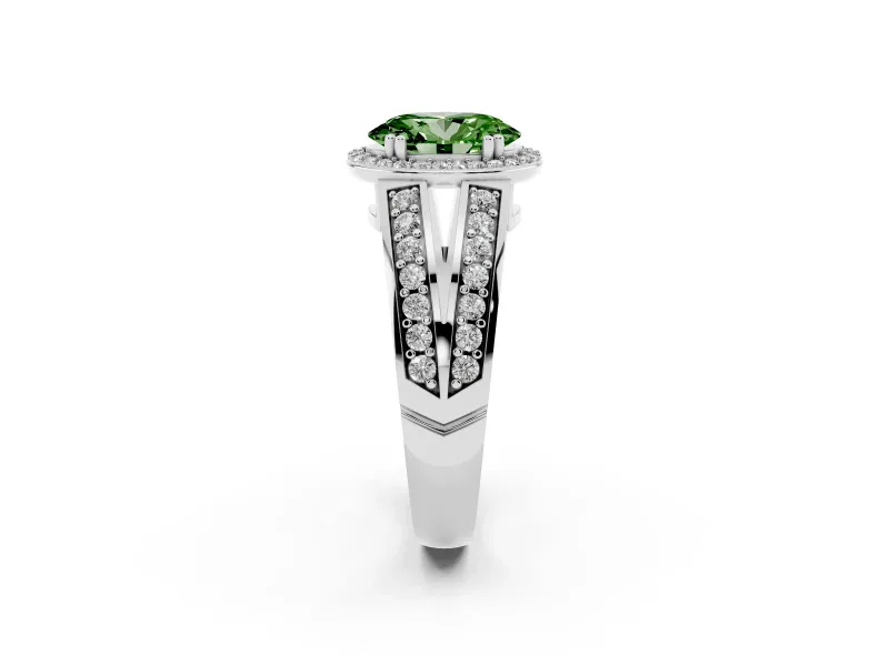 Fancy Green Oval Cut Diamond Halo Ring Set in Platinum with Double Pavé Split Shank