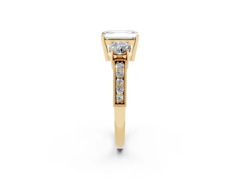 Emerald Cut Diamond Three-Stone Ring Set in Yellow gold with Round Side Stones and Pavé Band