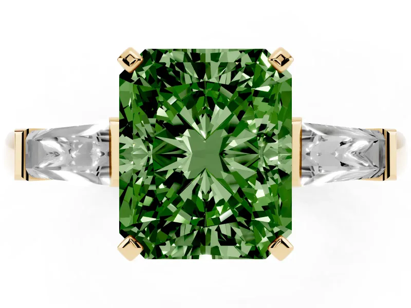 Fancy Green Radiant Cut Diamond Solitaire Ring Set in Yellow gold with Tapered Baguette Side Stones and Prong Setting