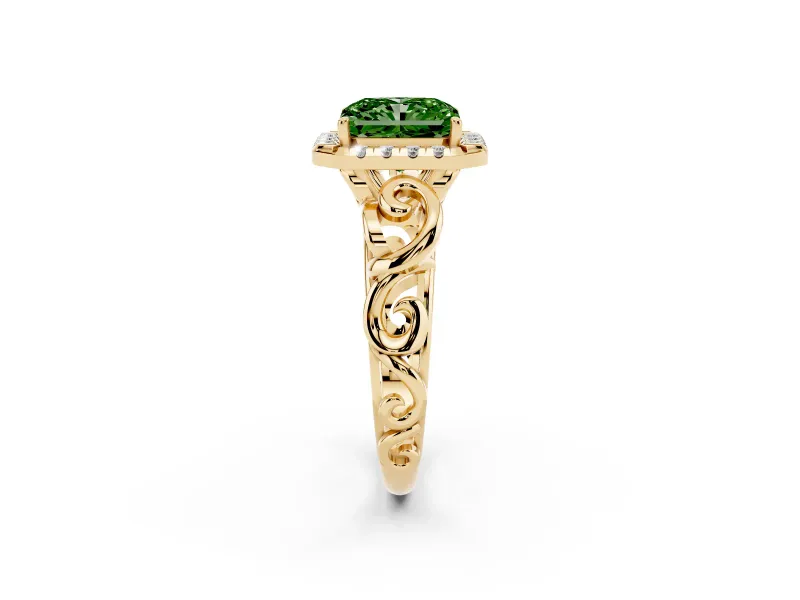 Fancy Green Radiant Cut Diamond Halo Ring Set in Yellow gold with Scrollwork Band and Prong Setting