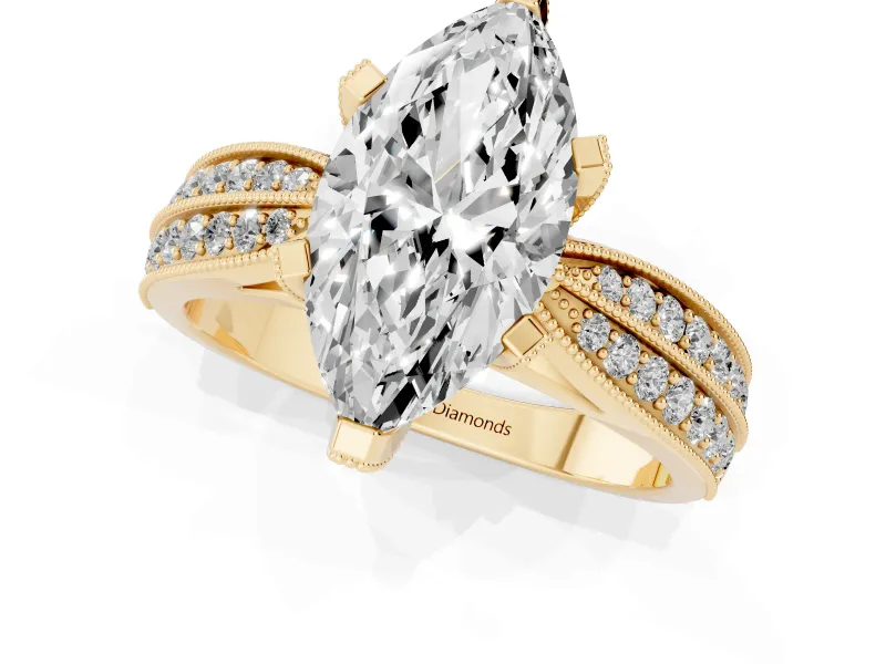 Marquise Milgrain Solitaire Engagement Ring Setting | Graduated Double Row Pave | Yellow Gold