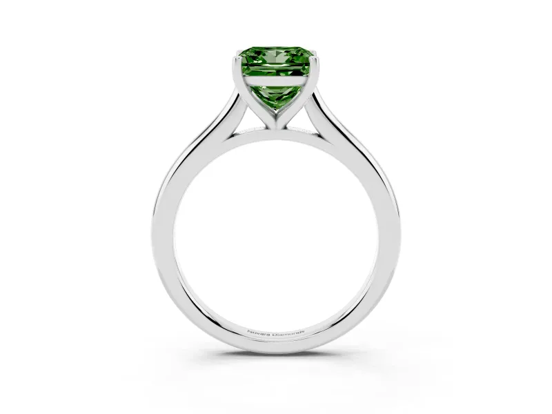 Fancy Green Princess Cut Diamond Solitaire Ring Set in White gold with Cathedral Band and Prong Setting