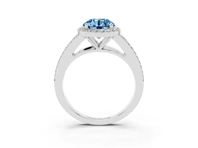 Round Halo Engagement Ring Setting for a Fancy Blue Lab-Grown Diamond | Pave Split Shank | Platinum