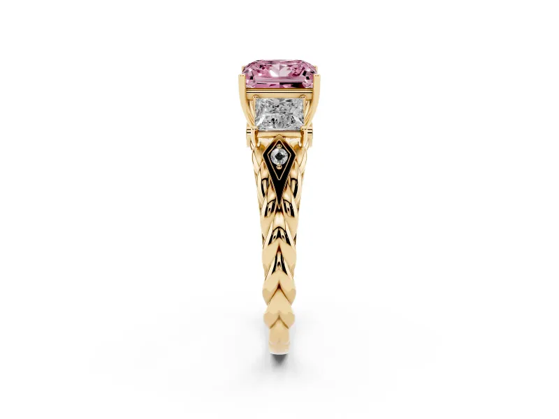 Fancy Pink Princess Cut Diamond Three-Stone Ring Set in Yellow gold with Braided Band