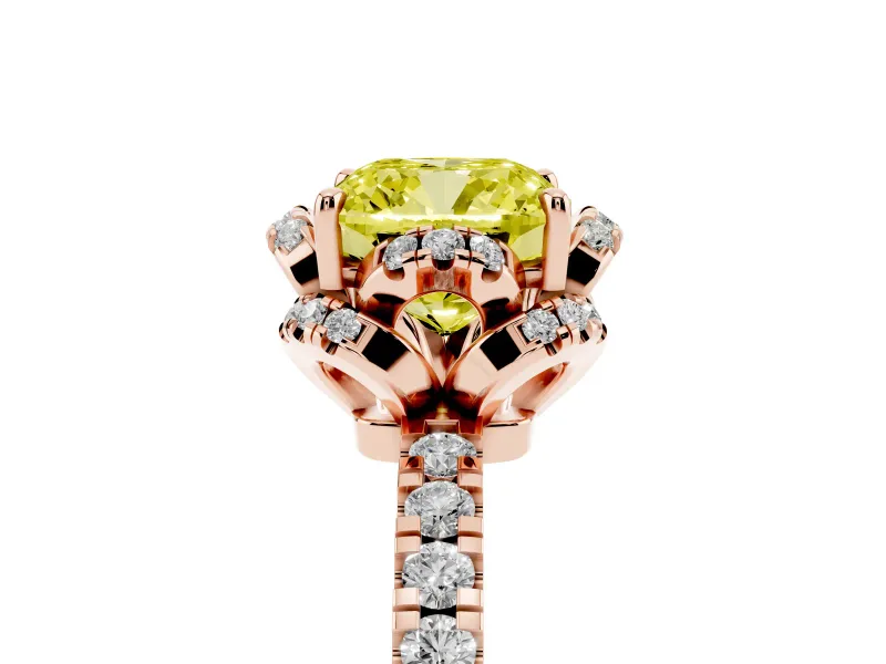 Fancy Yellow Cushion Cut Diamond Halo Pavé Band Ring Set in Rose gold with Prong-Held Center