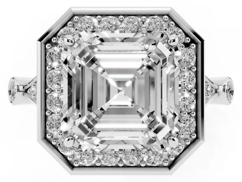 Asscher Cut Vintage Halo Engagement Ring Setting | Bezel Station Shoulders | Sterling Silver