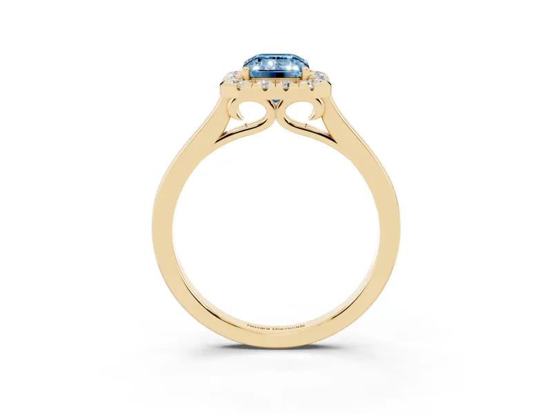 Emerald Cut Halo Engagement Ring Setting for a Fancy Blue Lab-Grown Diamond | Flat Tapered Band | Yellow Gold
