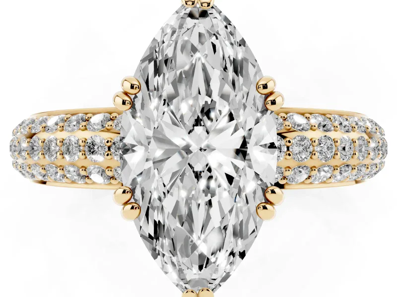 Marquise Three Row Pave Solitaire Engagement Ring Setting | Double Claw Prongs | Yellow Gold