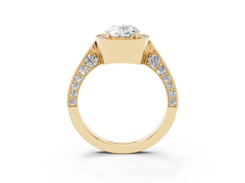 Oval Vintage Milgrain Halo Engagement Ring Setting | Side Stones and Pave | Yellow Gold