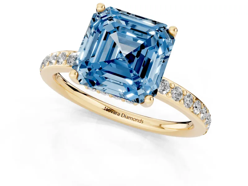 Fancy Blue Asscher Cut Diamond Pavé Band Ring Set in Yellow gold with Prong-Set Center Stone