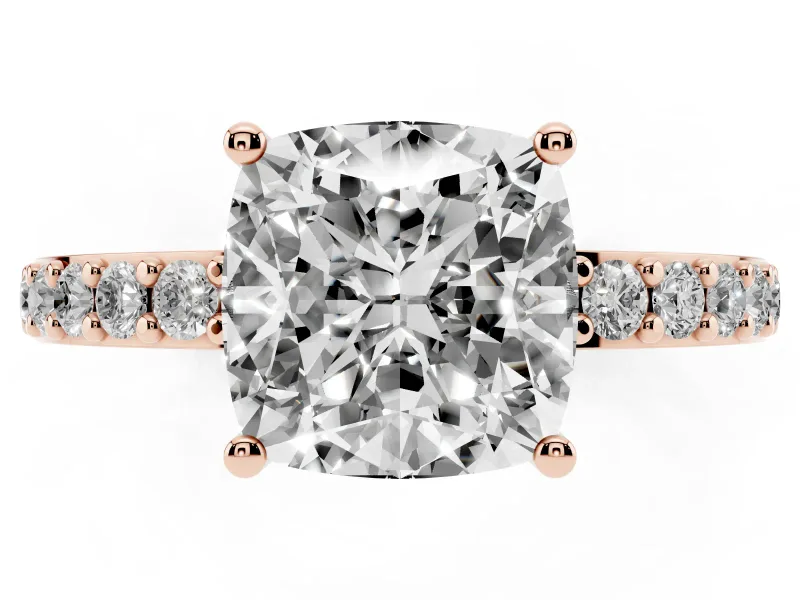 Cushion Cut Diamond Solitaire Set in Rose gold with Round Pavé Band and Prong Setting