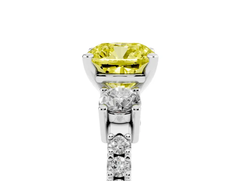 Fancy Yellow Three-Stone Cushion Cut Diamond Pavé Band Ring Set in Silver with Prong Setting