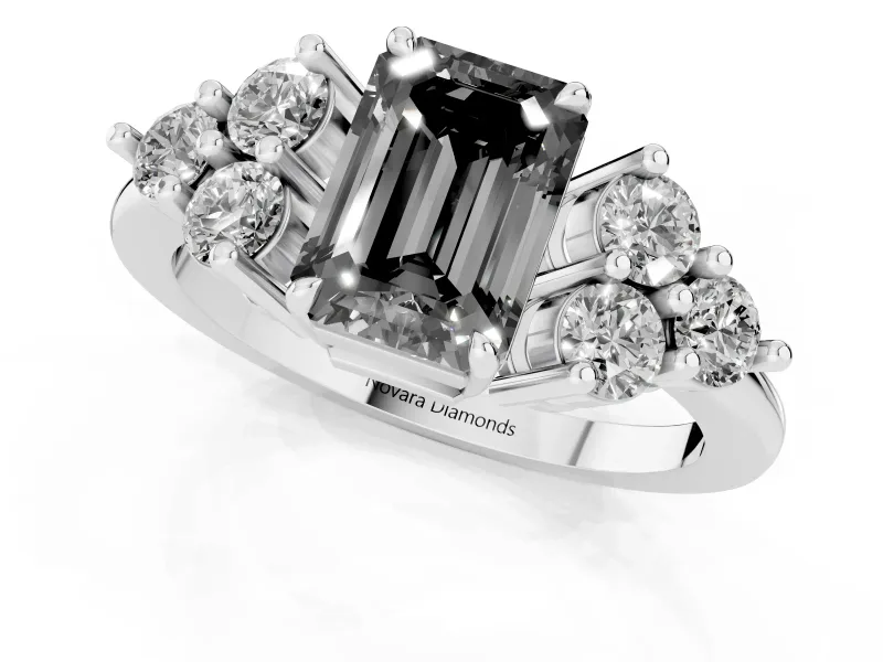 Fancy Black Emerald Cut Diamond Solitaire Ring Set in White gold with Cluster Accents on Each Side