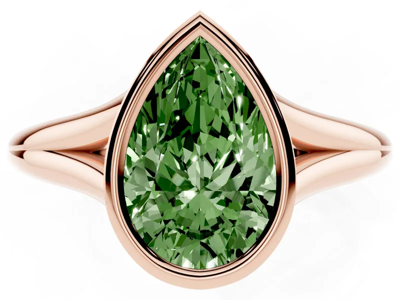 Fancy Green Bezel Set Pear Cut Diamond Solitaire Ring Set in Rose gold with Tapered Band