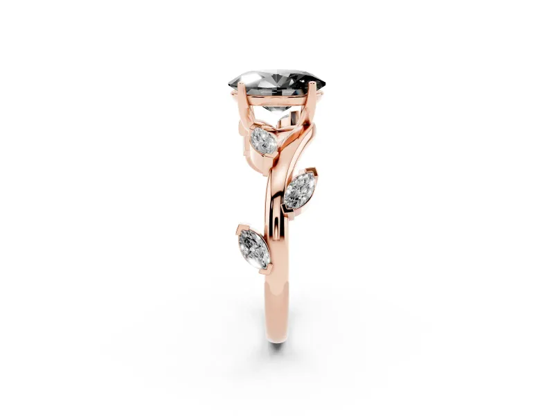 Fancy Black Oval Cut Diamond Solitaire Ring Set in Rose gold with Twisted Marquise Accent Band