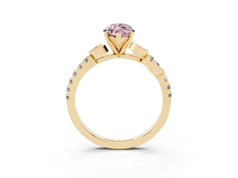 Fancy Pink Marquise Cut Diamond Solitaire Leaf-Inspired Ring Set in Yellow gold with Pavé Band and Prong Setting
