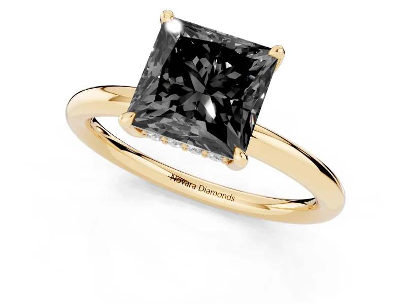 Fancy Black Princess Cut Diamond Solitaire Ring Set in Yellow gold with Thin Band and Prong Setting