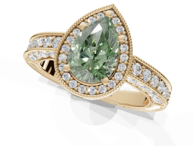 Pear-Shaped Milgrain Halo Engagement Ring Setting for a Fancy Green Lab-Grown Diamond | Wide Pavé Band | Yellow Gold