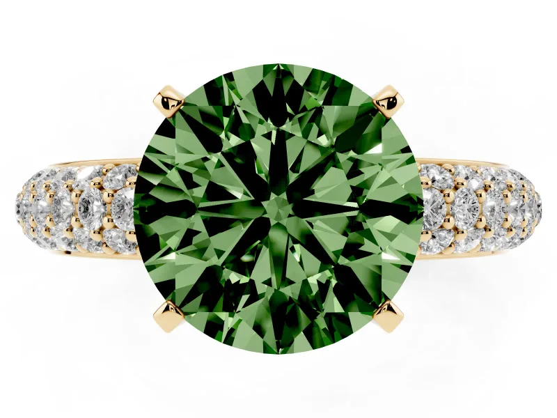 Fancy Green Round Cut Diamond Solitaire Ring Set in Yellow gold with Prong Setting and Pavé-Set Band