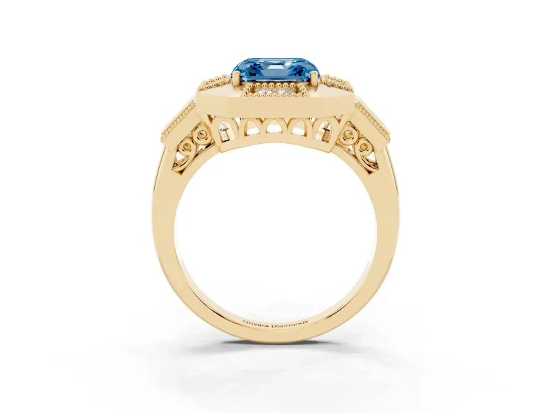 Fancy Blue Asscher Cut Diamond Milgrain Halo Ring Set in Yellow gold with Split Shank
