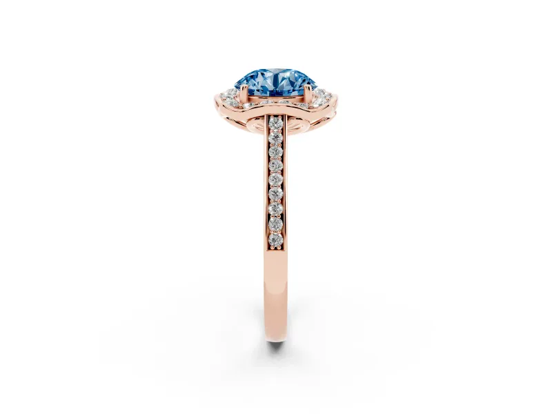 Round Halo Engagement Ring Setting for a Fancy Blue Lab-Grown Diamond | Petal Tips | Rose Gold