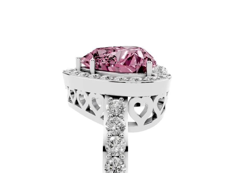 Fancy Pink Heart Cut Diamond Halo Ring Set in Platinum with Pavé-Setting Band and Open Prong Center
