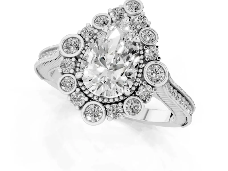 Pear Cut Diamond Halo Milgrain Pavé Ring Set in Platinum with Prong Setting