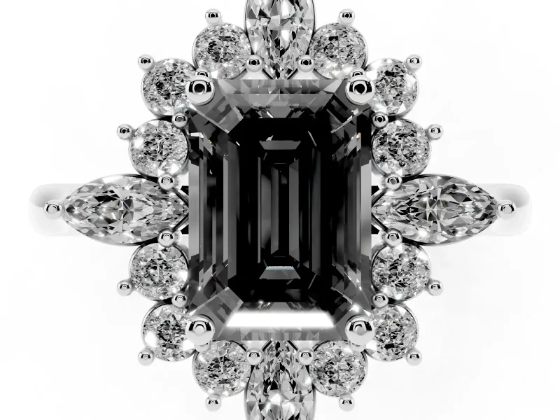 Emerald Cut Cluster Halo Engagement Ring Setting for a Black Center | White Gold