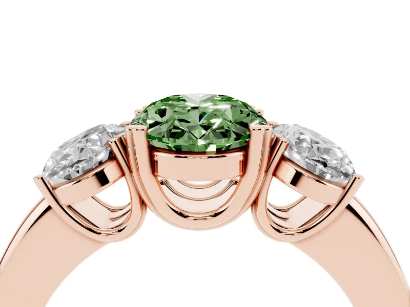 Oval Three Stone Engagement Ring Setting for a Fancy Green Lab-Grown Diamond | Double Claw Head | Rose Gold