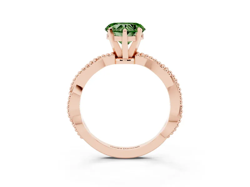 Fancy Green Heart Cut Diamond Solitaire Ring Set in Rose gold with Twisted Band and Bead Prong Setting
