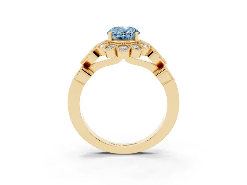 Oval Scalloped Halo Engagement Ring Setting for a Fancy Blue Lab-Grown Diamond | Heart Pavé Band | Yellow Gold