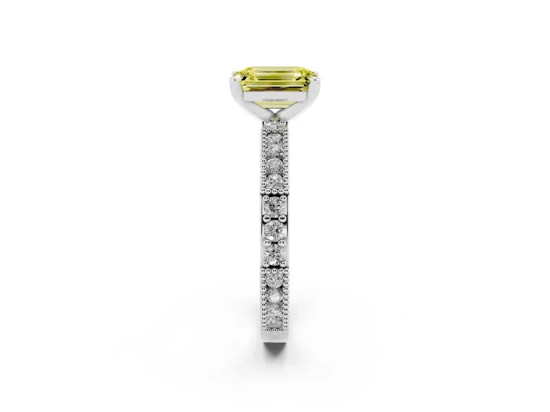 Emerald Cut Vintage Pavé Engagement Ring Setting for a Fancy Yellow Lab-Grown Diamond | Platinum