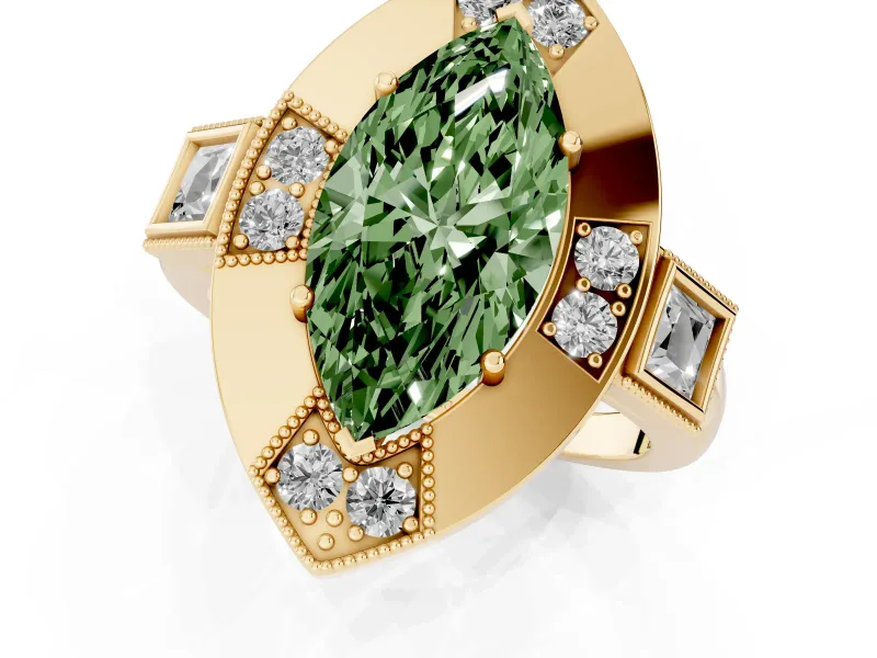 Marquise Milgrain Sectioned Halo Engagement Ring Setting for a Fancy Green Lab-Grown Diamond | Yellow Gold