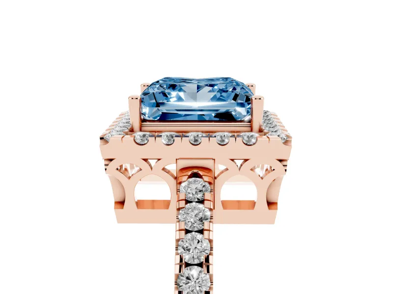 Fancy Blue Princess Cut Diamond Pavé Band Halo Engagement Ring Set in Rose gold with Prong Setting