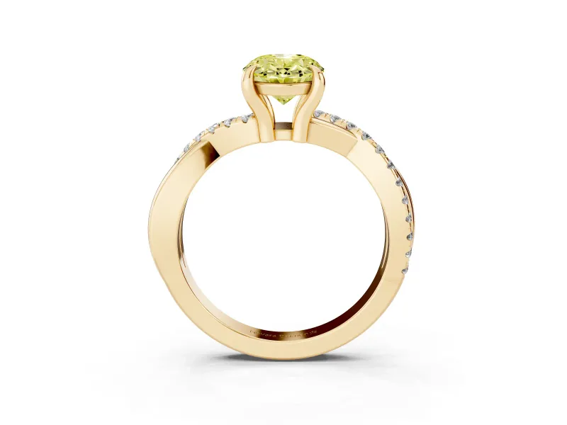 Fancy Yellow Oval Cut Diamond Twist Band Solitaire Set in Yellow gold with Pavé Accents and Prong Setting