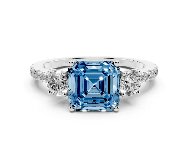 Fancy Blue Asscher Cut Diamond Three-Stone Ring Set in Platinum with Pavé Band and Graduated Sides