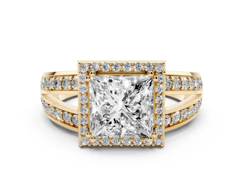 Princess Cut Diamond Halo Ring Set in Yellow gold with Double Pavé Split Shank