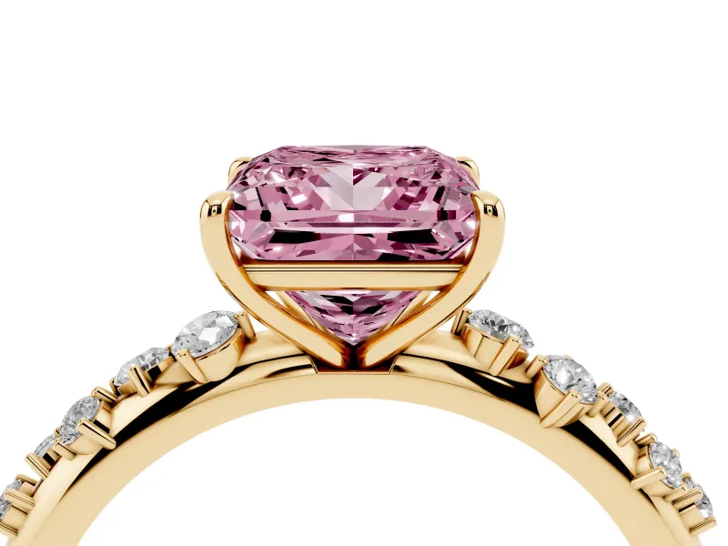 Fancy Pink Princess Cut Diamond Cluster Solitaire Ring Set in Yellow gold with Prong Setting