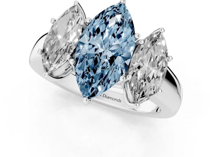 Fancy Blue Three-Stone Marquise Cut Diamond Ring Set in Platinum with Matching Prong Settings and Plain Band