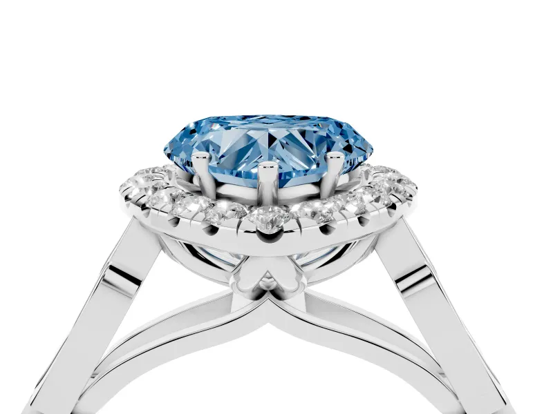 Fancy Blue Heart Cut Diamond Halo Engagement Ring Set in White gold with Filigree Band and Prong-Set Center