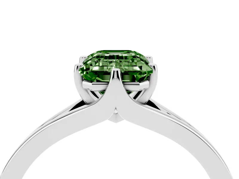Fancy Green Emerald Cut Diamond Solitaire Ring Set in White gold with Polished Tapered Band and Prong Setting