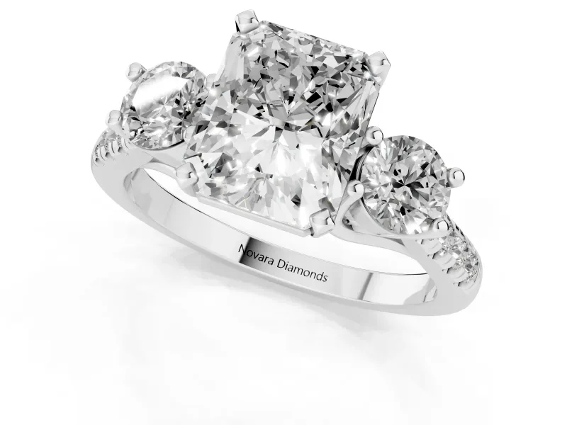Three-Stone Radiant Cut Diamond Pavé Band Ring Set in Silver with Prong-Set Trio