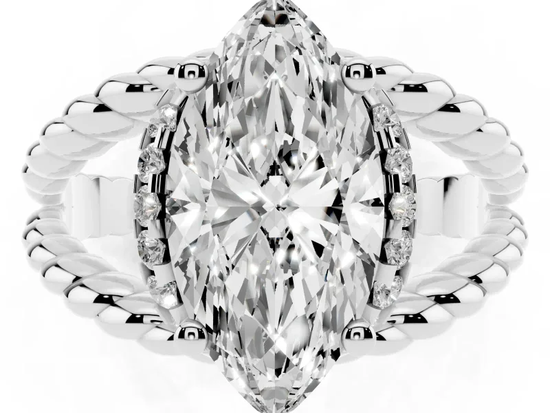 Marquise Cut Diamond Halo Ring Set in White gold with Twisted Band and Prong Setting