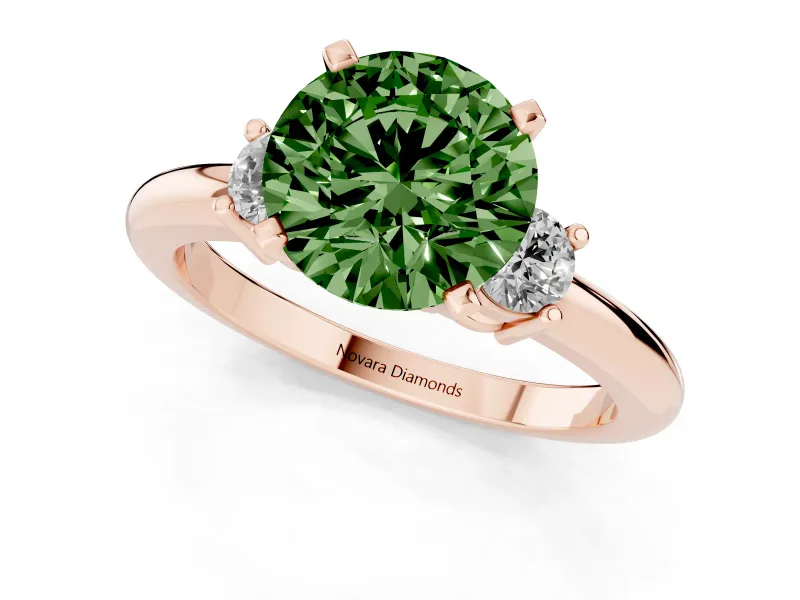 Fancy Green Three-Stone Round Cut Diamond Ring Set in Rose gold with Prong Setting and Plain Band