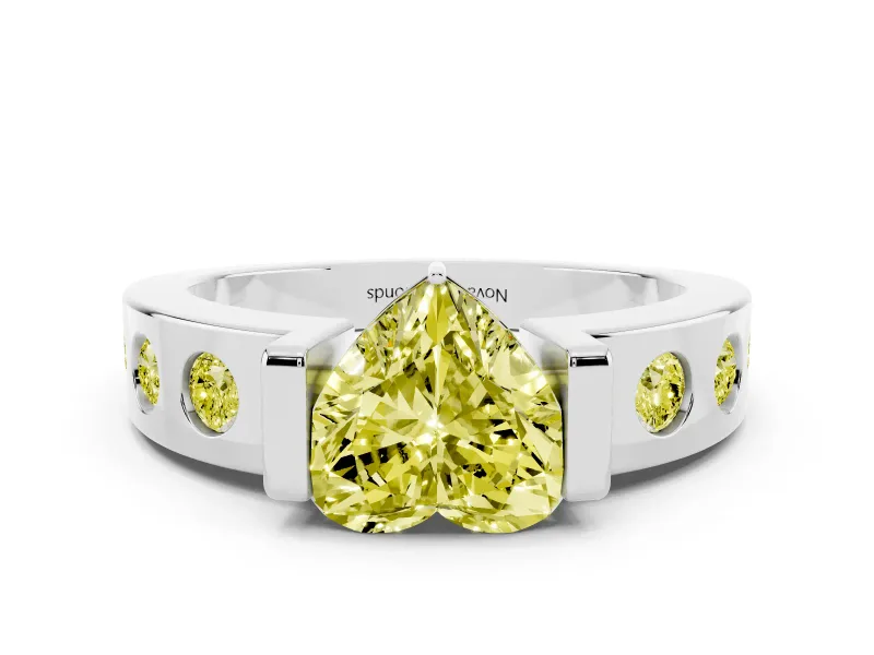 Fancy Yellow Heart Cut Diamond Channel-Set Band Ring Set in White gold with Bezel Prong Setting