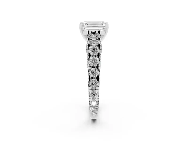 Emerald Cut Diamond Classic Solitaire Ring Set in Platinum with Pavé Band and Prong Setting