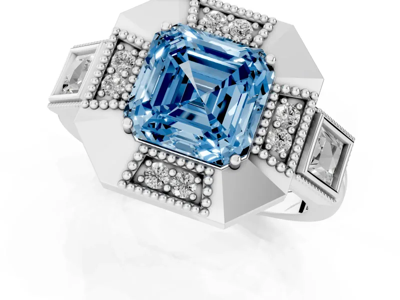 Fancy Blue Asscher Cut Diamond Milgrain Halo Ring Set in Silver with Split Shank