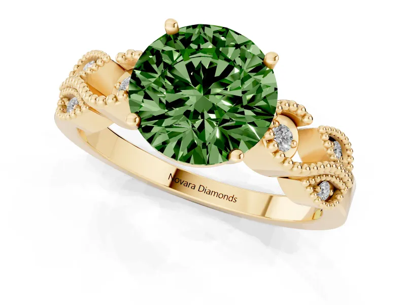 Fancy Green Round Cut Diamond Milgrain Leaf Band Solitaire Ring Set in Yellow gold with Accent Stones and Prong Setting
