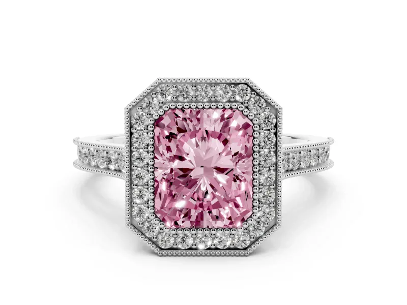 Fancy Pink Radiant Cut Diamond Halo Milgrain Pavé Band Ring Set in Platinum with Prong Setting
